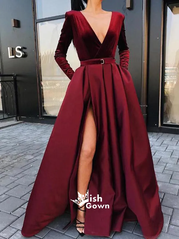 Burgundy V Neck Long Sleeves Side Slit Long Prom Dresses, SG157