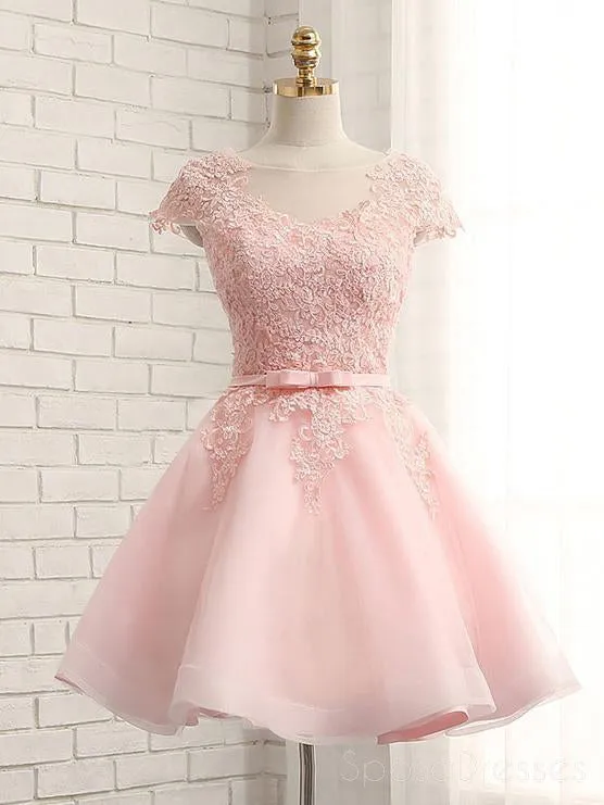 Cap Sleeve Pink Lace Beaded Tulle Short Homecoming Dresses, Cheap Homecoming Dresses, CM368