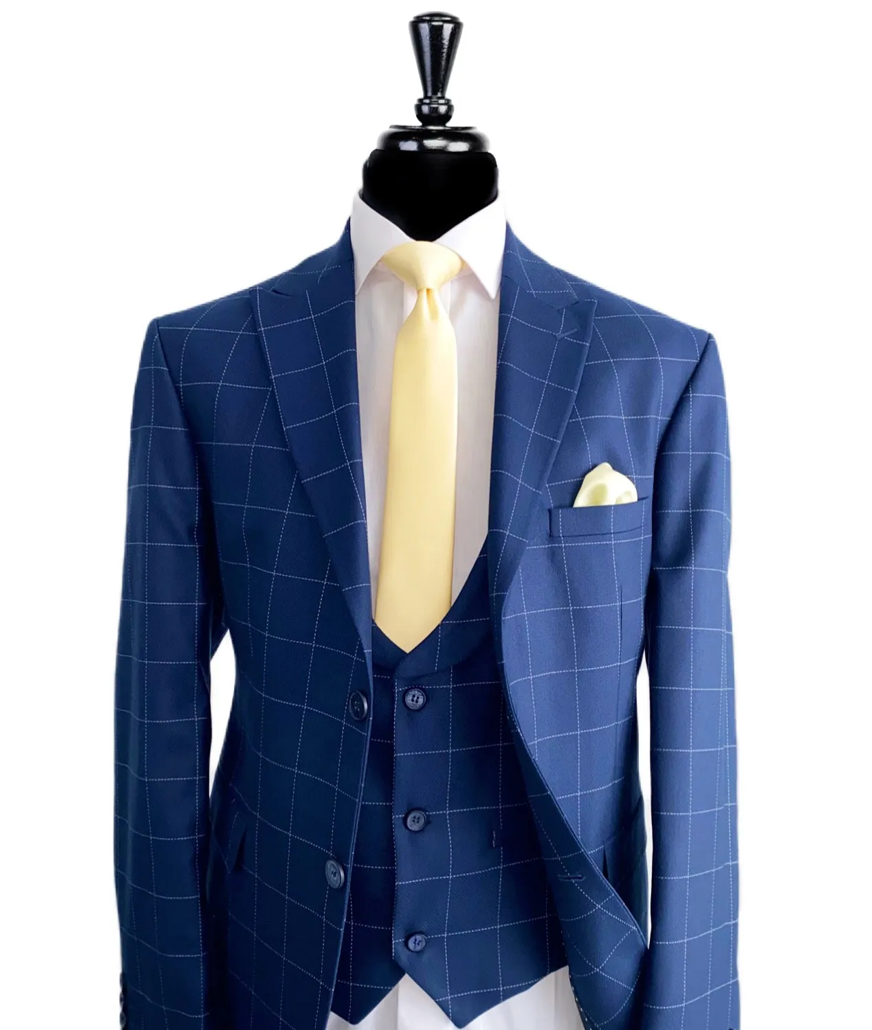 CASSEMON Navy Blue Check 3 Piece Suit