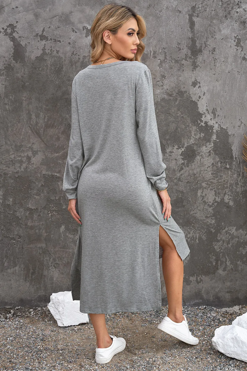 Casual Gray Leopard Patch Side Split Long Sleeve T-Shirt Midi Dress