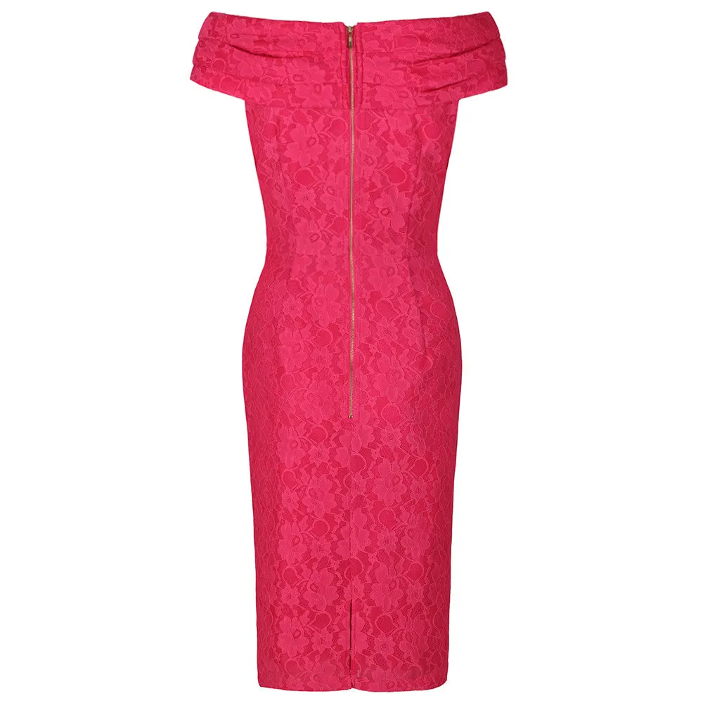 Cerise Pink Lace Bardot Wiggle Pencil Dress