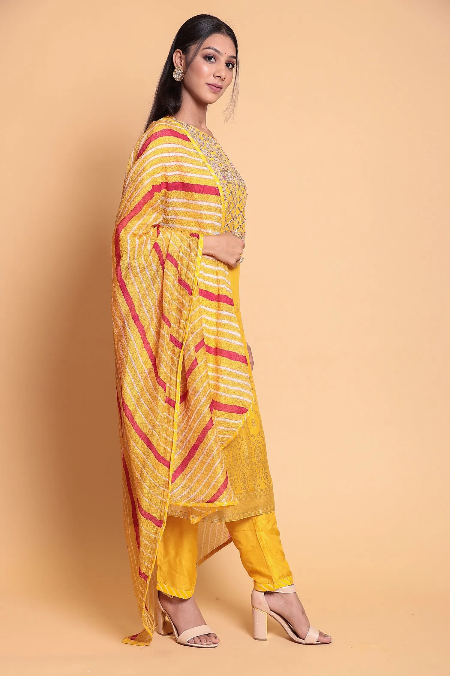 Chanderi silk Suit Stitched with Gota Patti work.