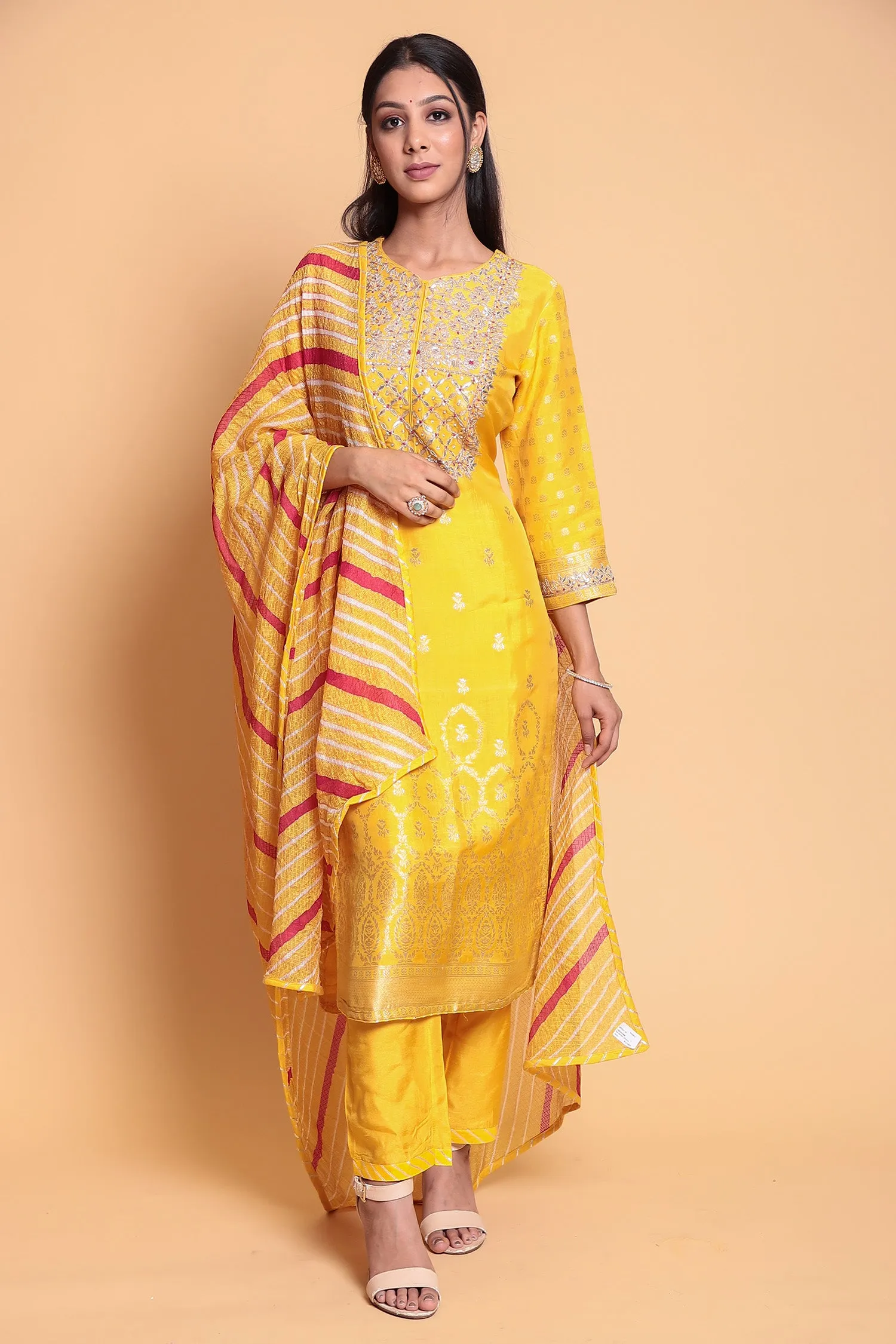 Chanderi silk Suit Stitched with Gota Patti work.