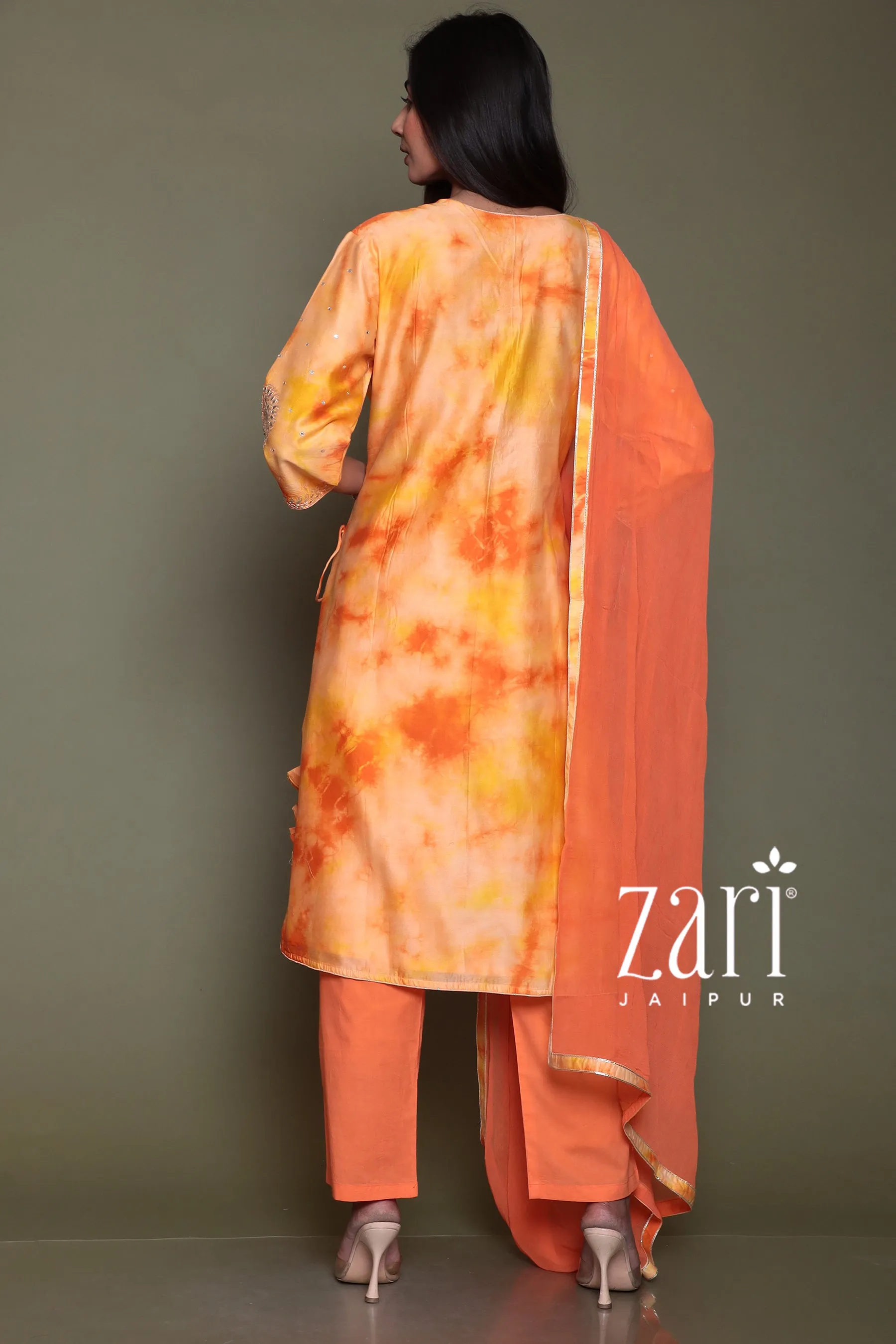 Chanderi silk  Suit with Aari, Gota Patti, Mirror, Tie & Dye work.