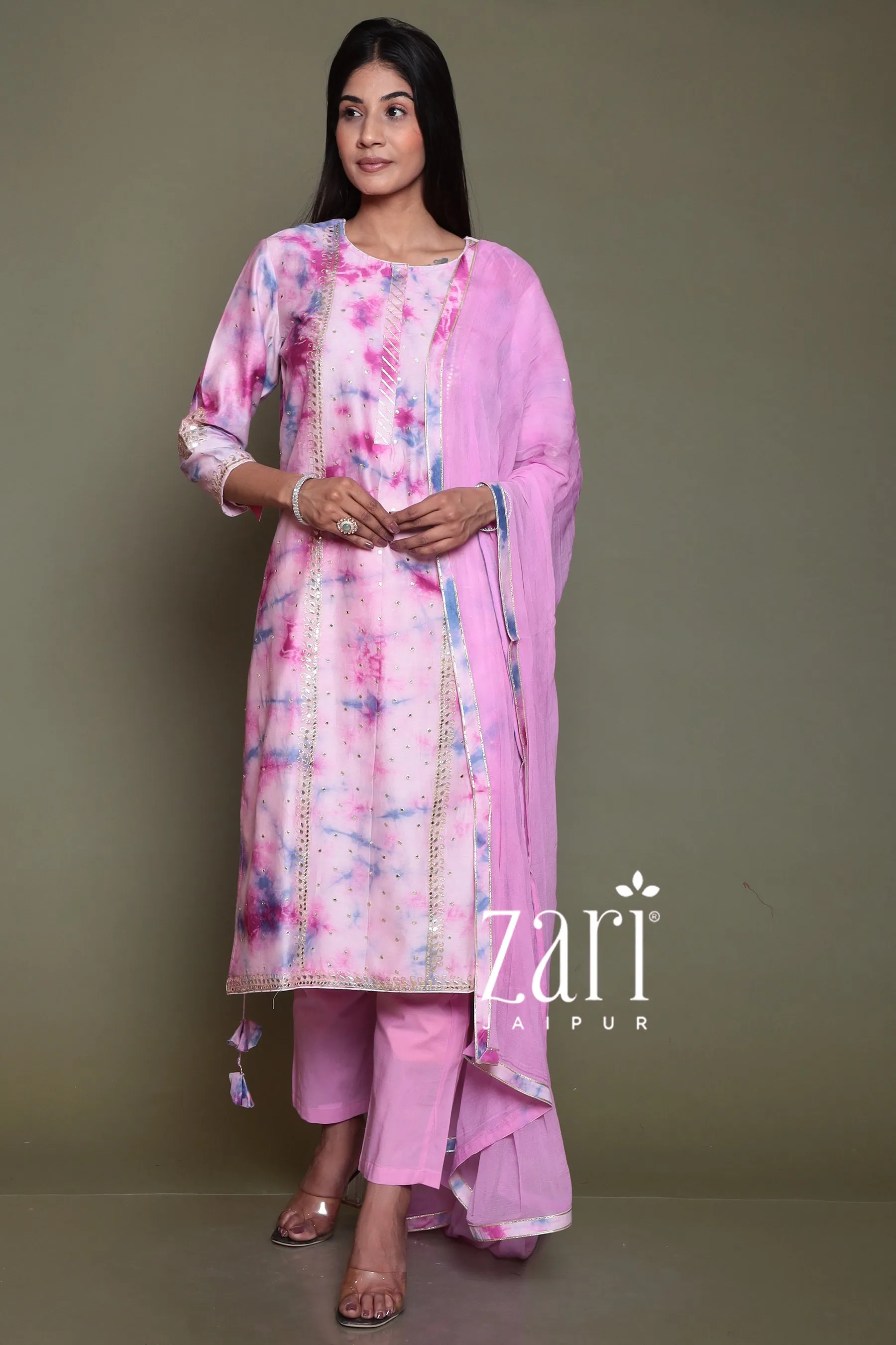 Chanderi silk  Suit with Aari, Gota Patti, Mirror, Tie & Dye work.