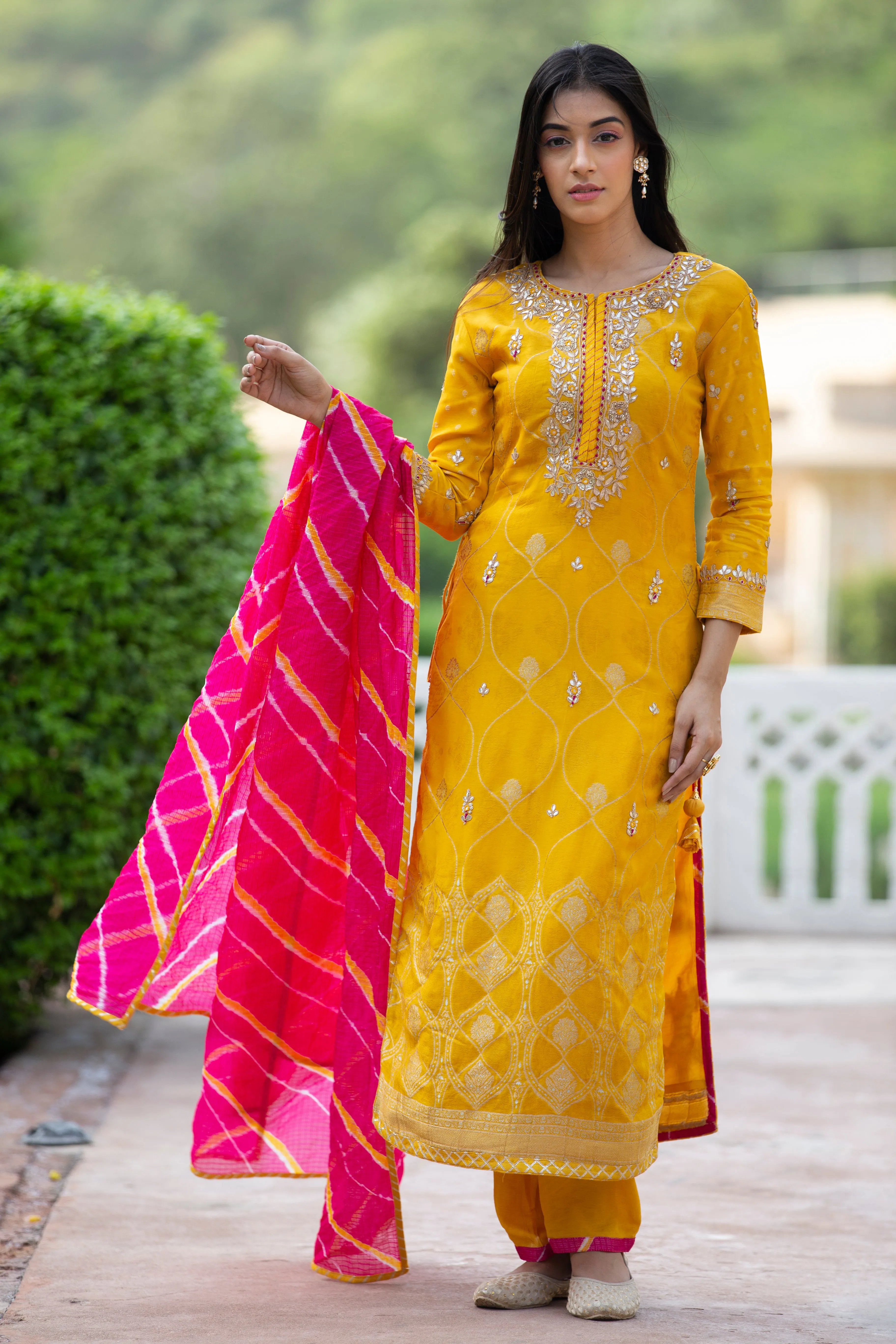 Chanderi Suit Stitched with Gota Patti work.