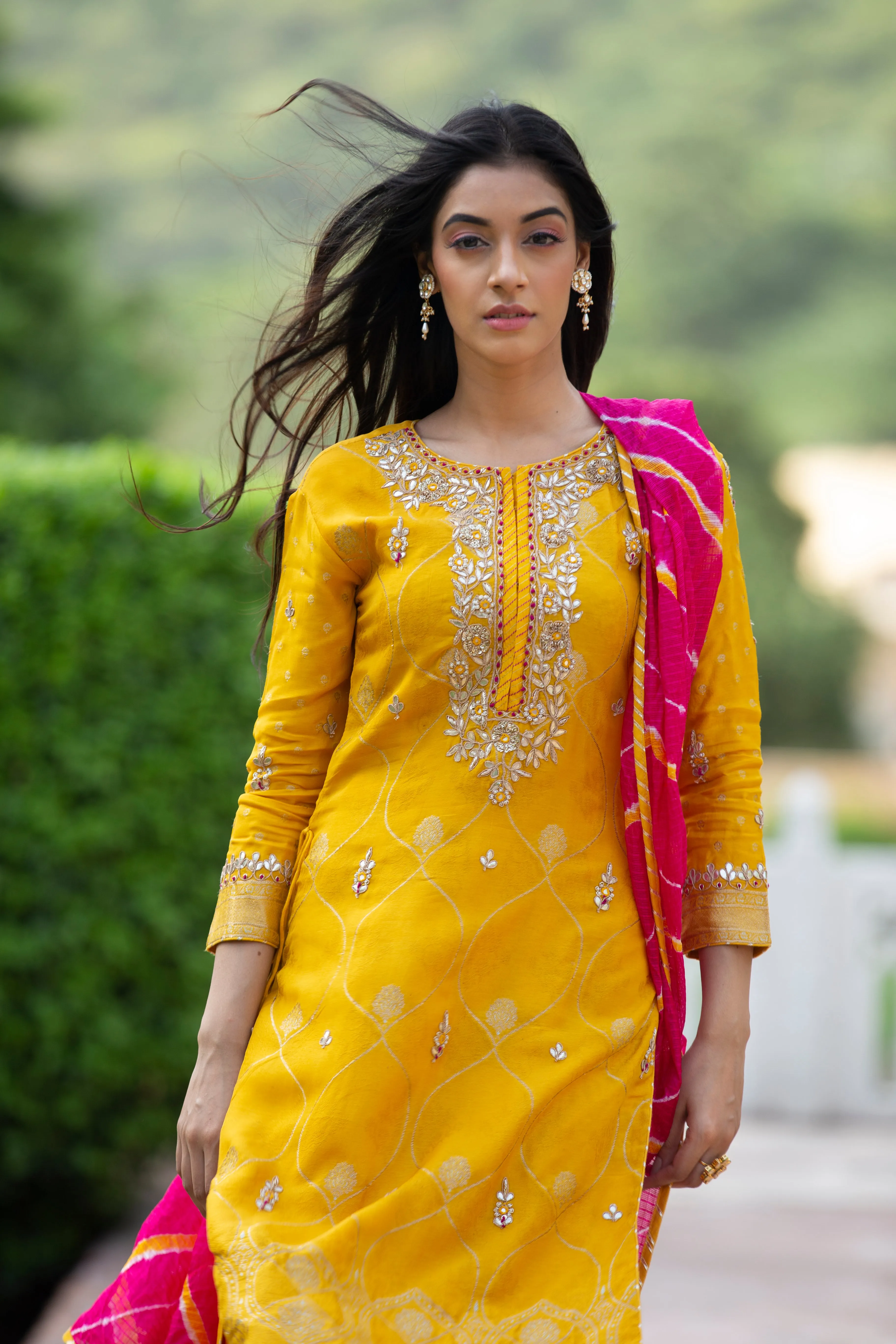 Chanderi Suit Stitched with Gota Patti work.