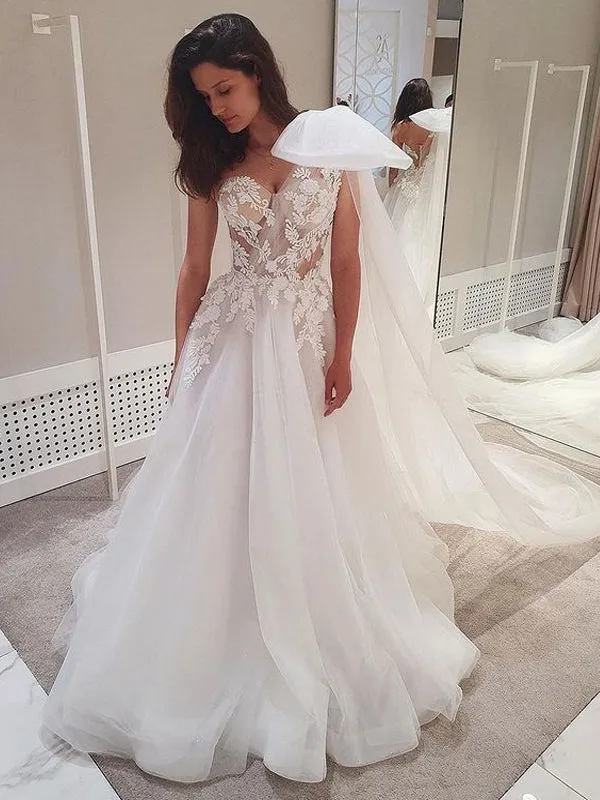 Charming One-shoulder A-line Tulle Wedding Dresses Online, WDY0247