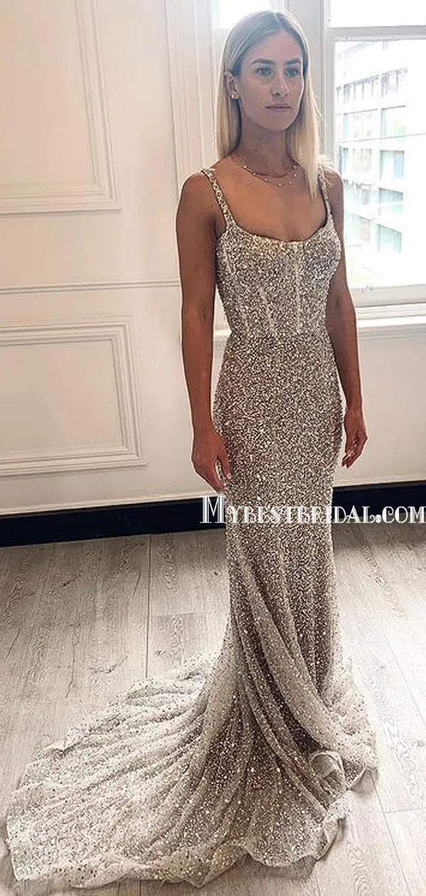 Charming Spaghetti Straps Long Cheap Sequin A-line Wedding Dresses, TYP0012