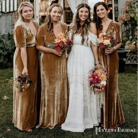 Charming V-neck Short Sleeves Brown Velvet Long Cheap Bridesmaid Dresses, BDS0024