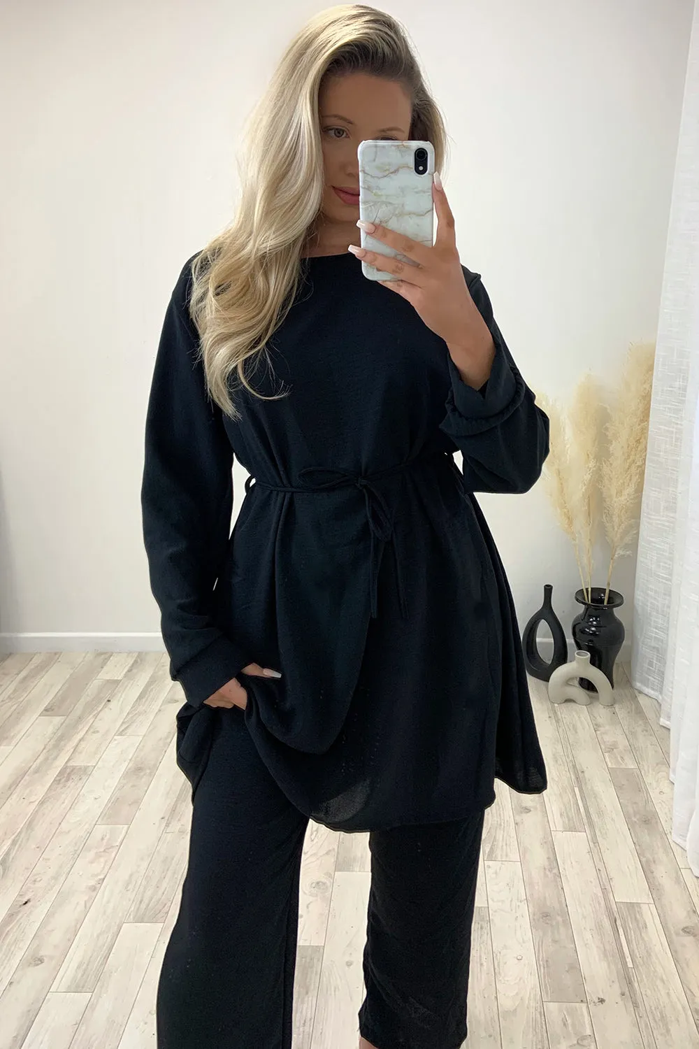 Chiara Black Oversized Belted Top and Trousers Co-Ord Set