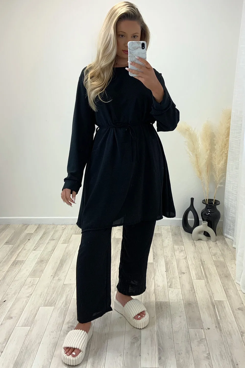 Chiara Black Oversized Belted Top and Trousers Co-Ord Set