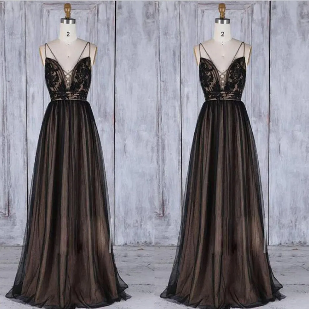 Chic Black Long Straps Tulle A Line  Lace Long Dress,Prom Dress,Evening Party Dress,PDY0372