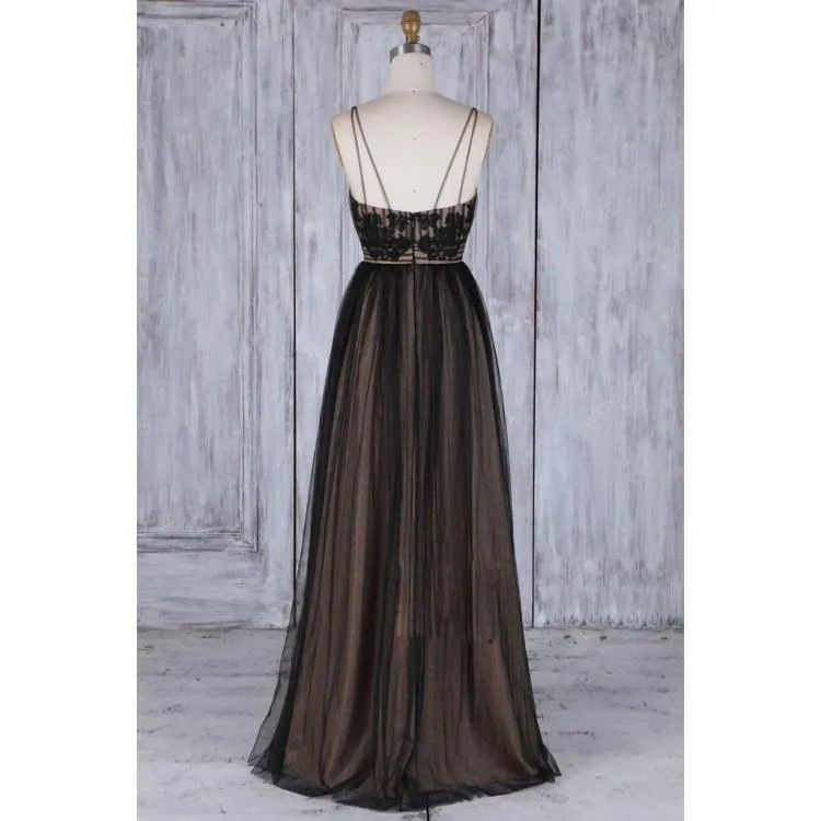 Chic Black Long Straps Tulle A Line  Lace Long Dress,Prom Dress,Evening Party Dress,PDY0372