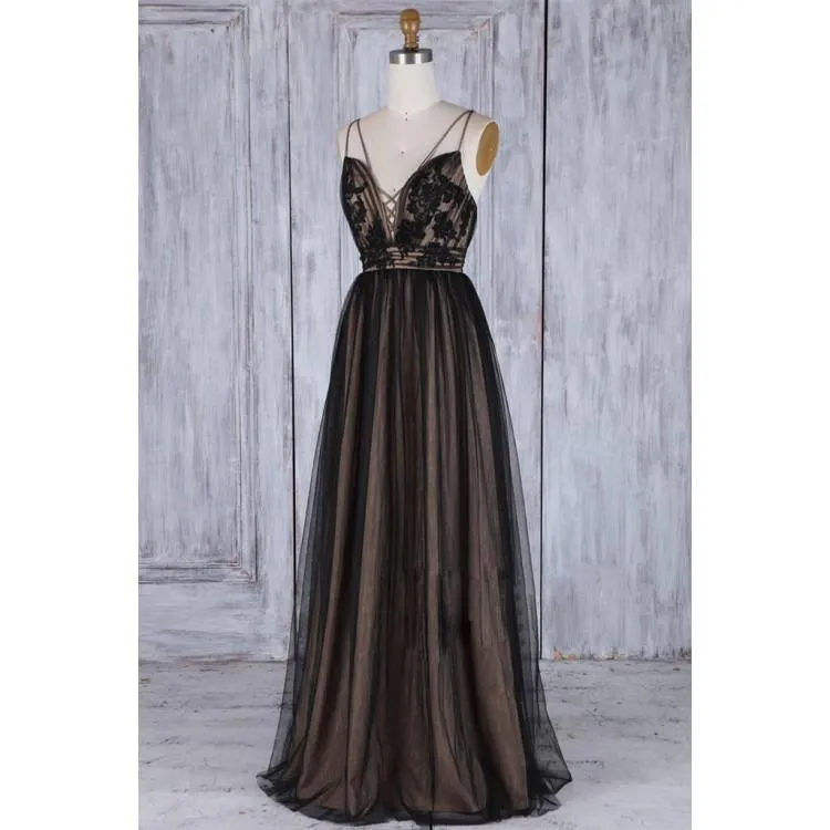 Chic Black Long Straps Tulle A Line  Lace Long Dress,Prom Dress,Evening Party Dress,PDY0372