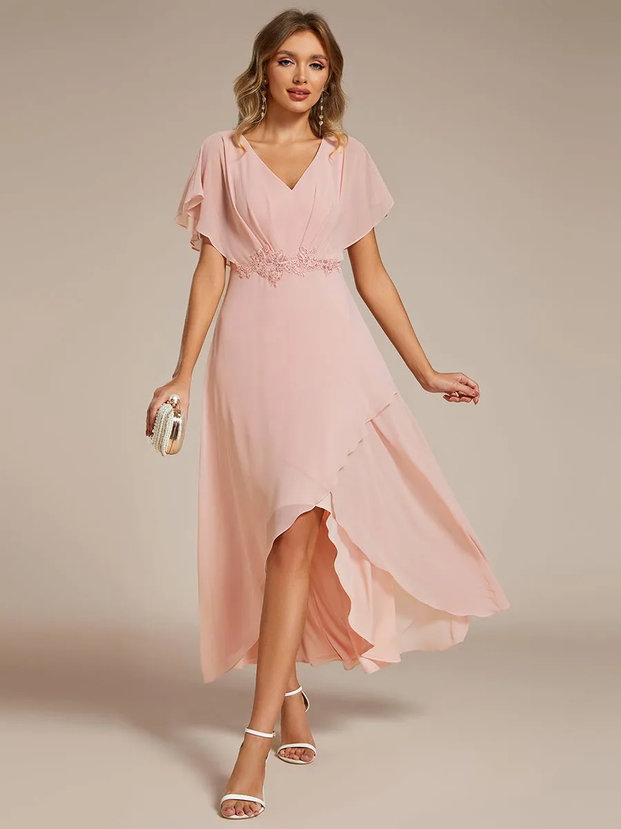 Chiffon Appliques  High-low  Wholesale Evening Dress with Short Sleeves