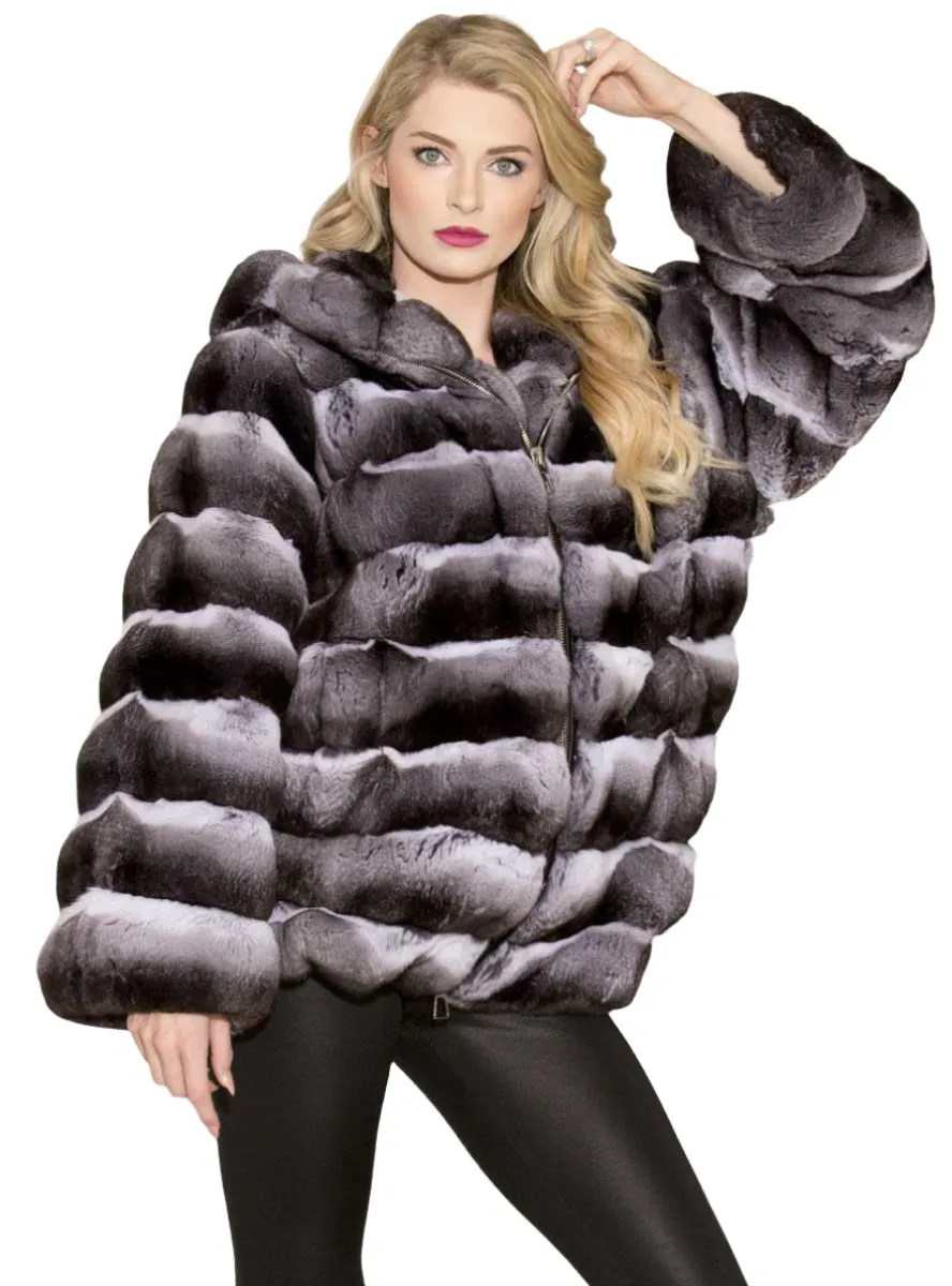 Chinchilla Fur Bomber Jacket with Hood