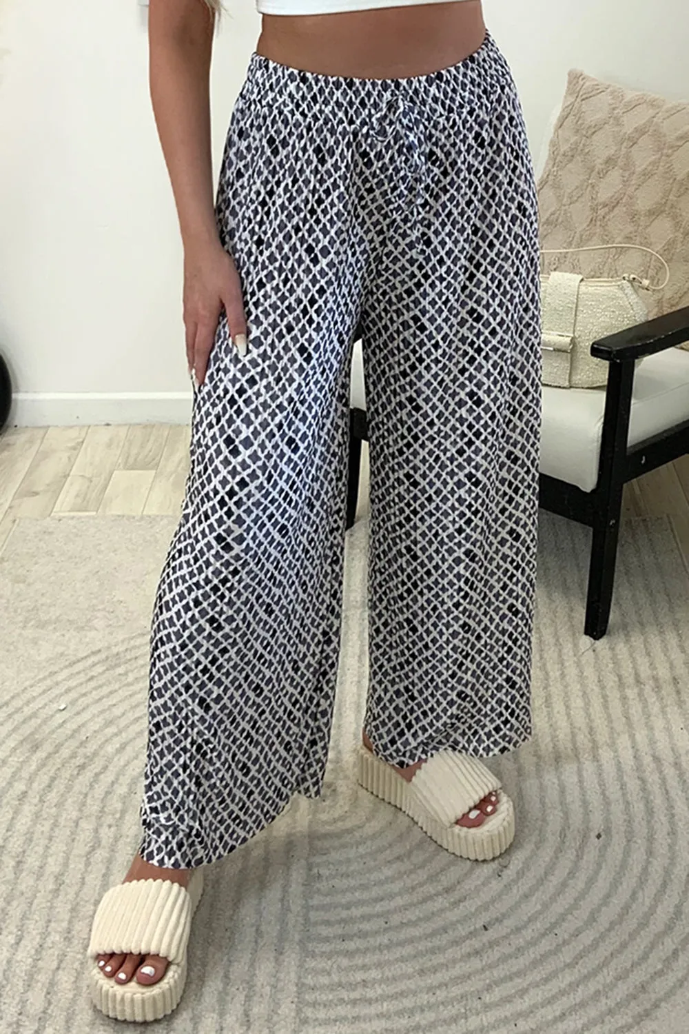 Christie Black and White Plisse Patterned Wide Leg Trousers