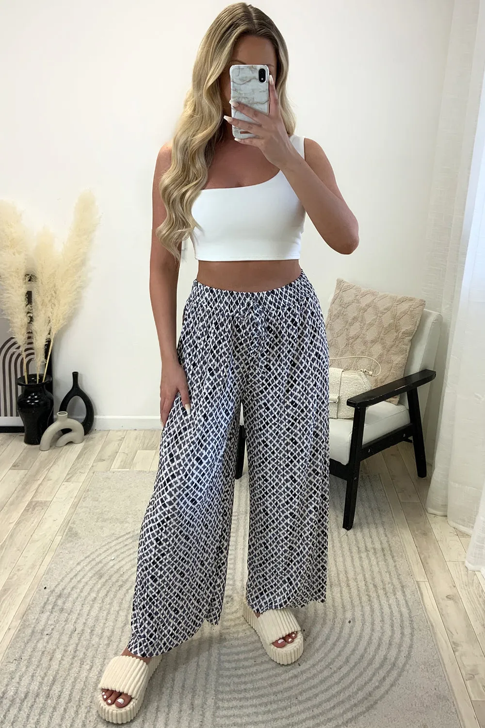 Christie Black and White Plisse Patterned Wide Leg Trousers