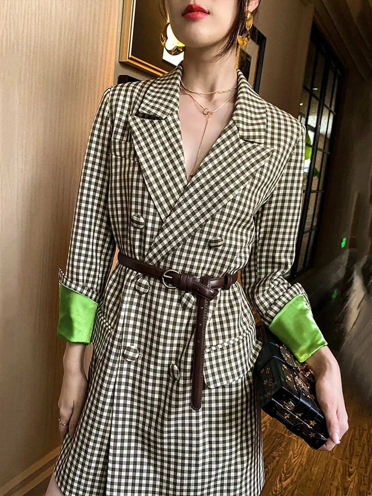 Classic Plaid Long Sleeve Double Breasted Belted Blazer Dress