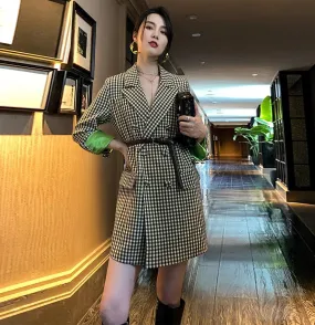 Classic Plaid Long Sleeve Double Breasted Belted Blazer Dress