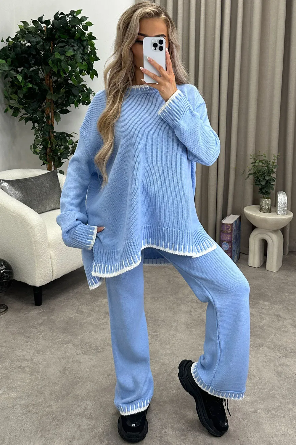 Cloe Baby Blue Contrast Trim Knitted Jumper and Wide Leg Trousers Co-Ord Set