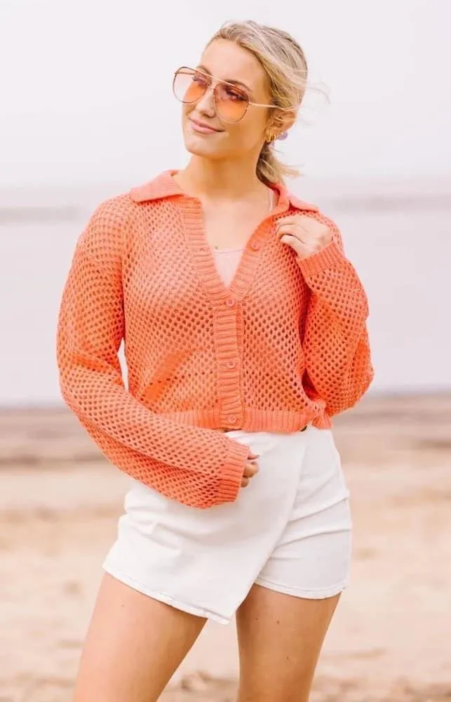 Coral Collared Crochet Sweater