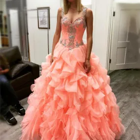 coral organza ruffles beaded sweetheart quinceanera dresses ball gowns