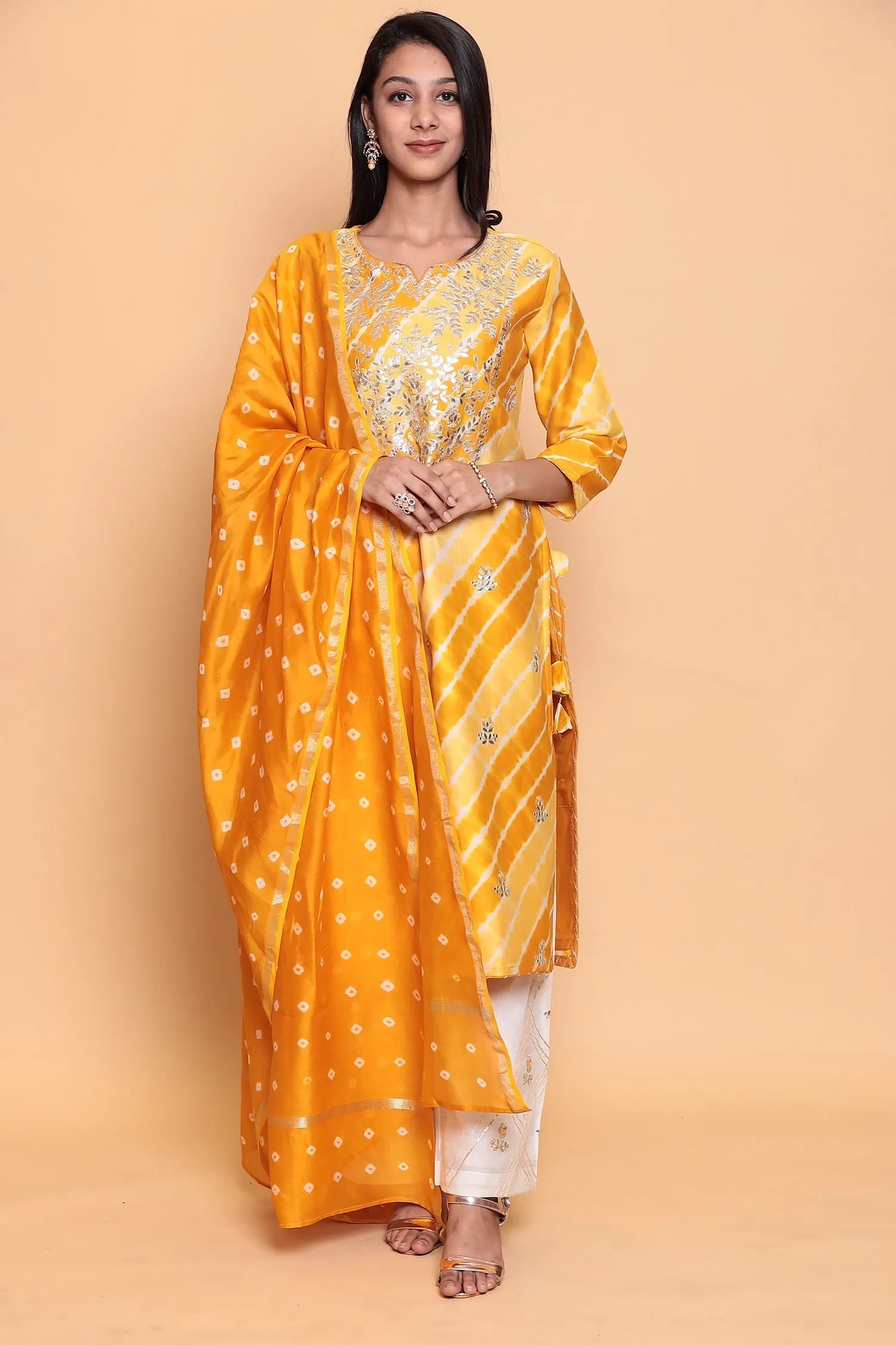 Cotton Leheriya chanderi Suit with Gota Patti work.