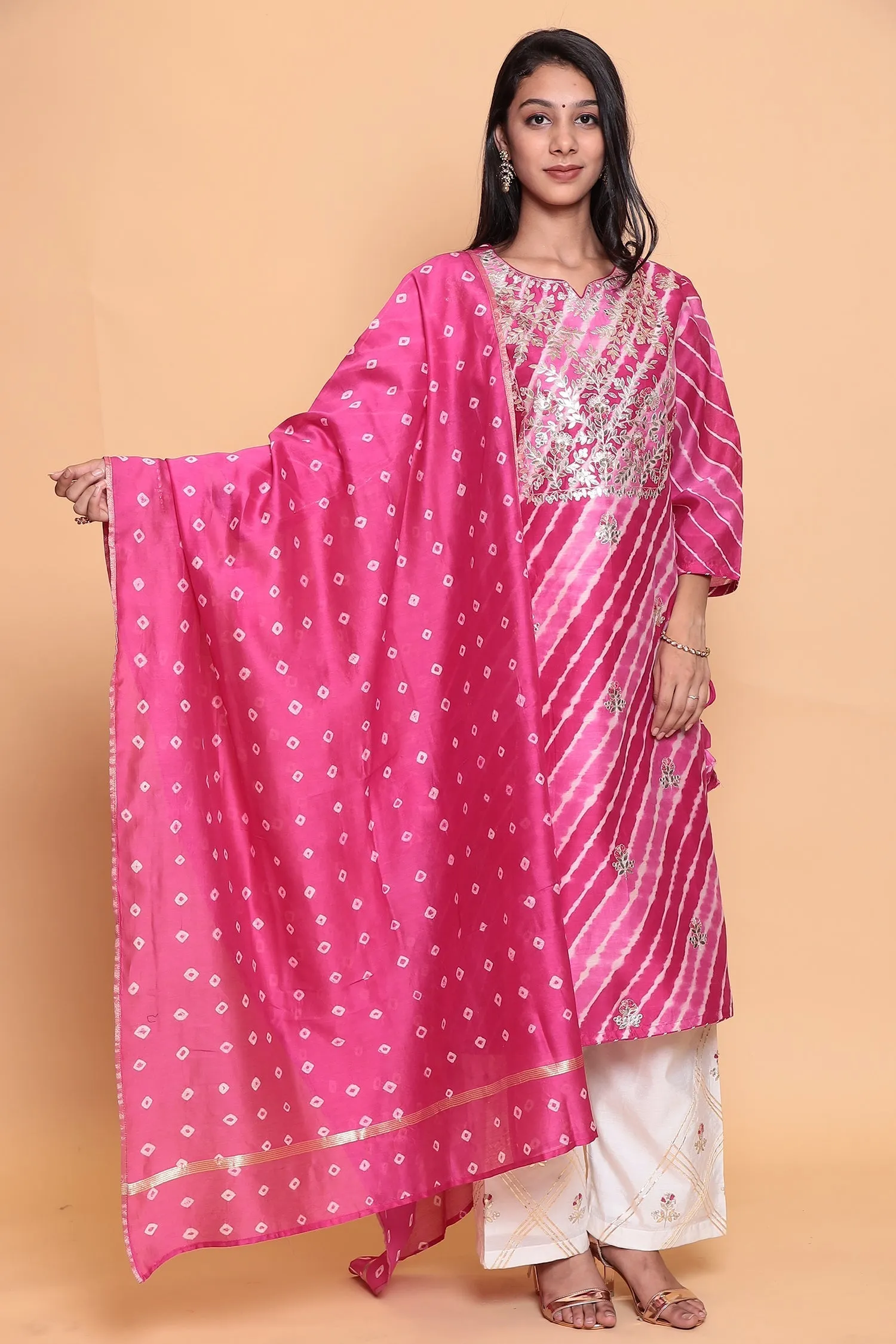 Cotton Leheriya chanderi Suit with Gota Patti work.