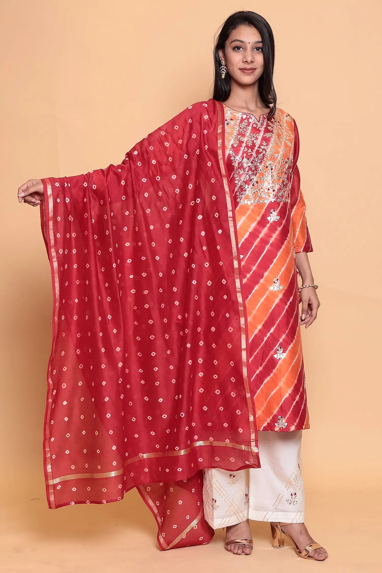 Cotton Leheriya chanderi Suit with Gota Patti work.