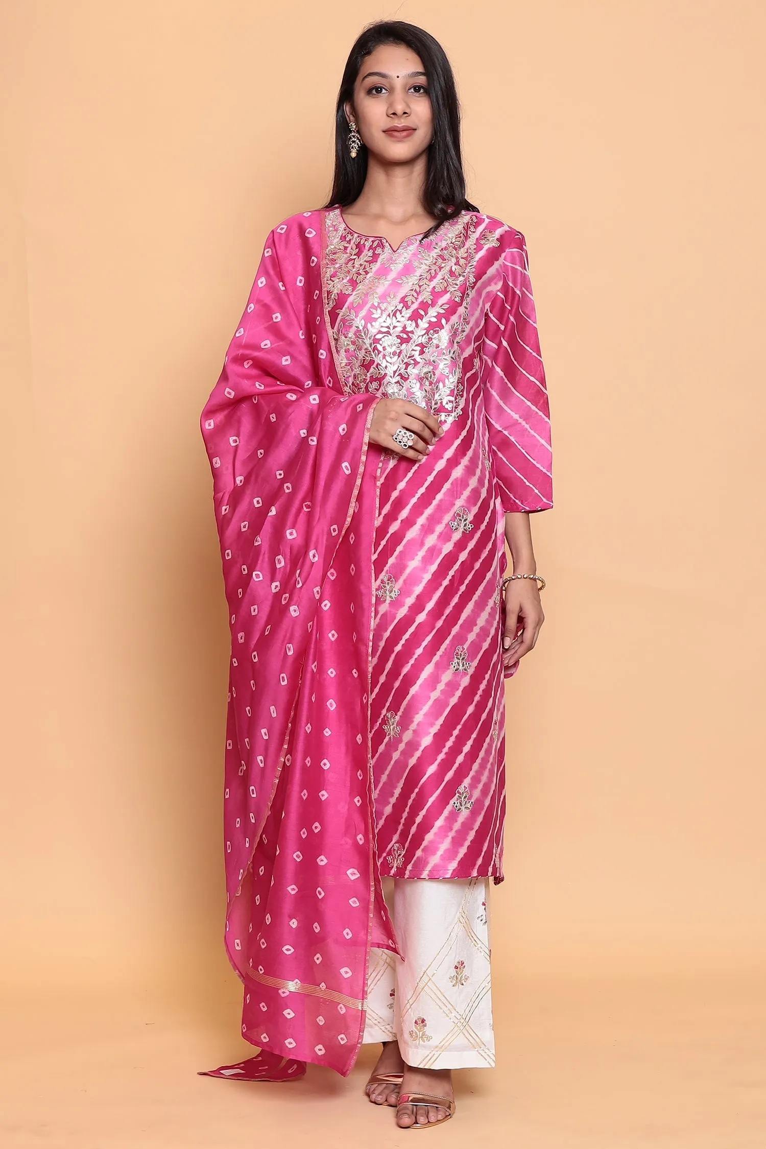 Cotton Leheriya chanderi Suit with Gota Patti work.