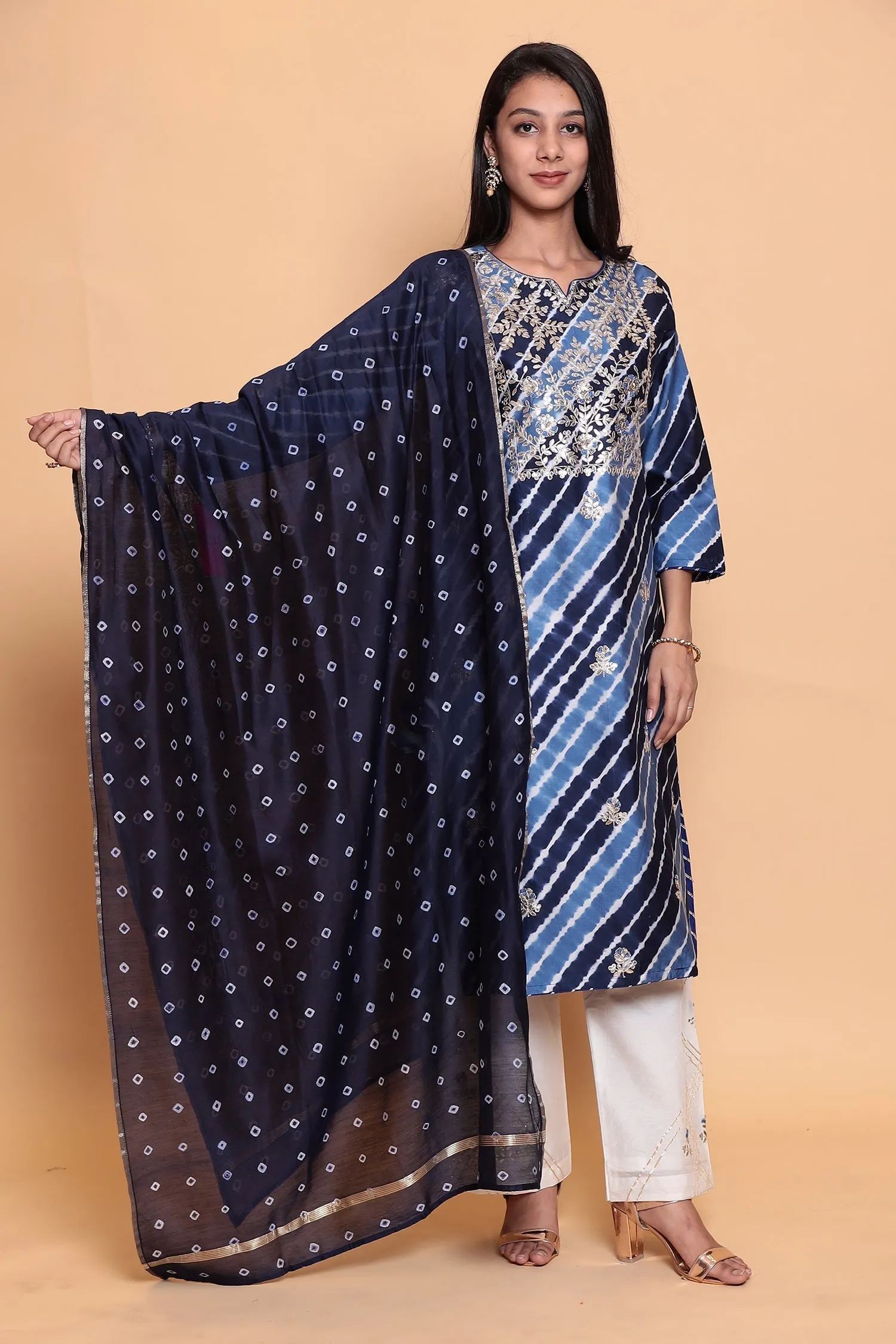 Cotton Leheriya chanderi Suit with Gota Patti work.