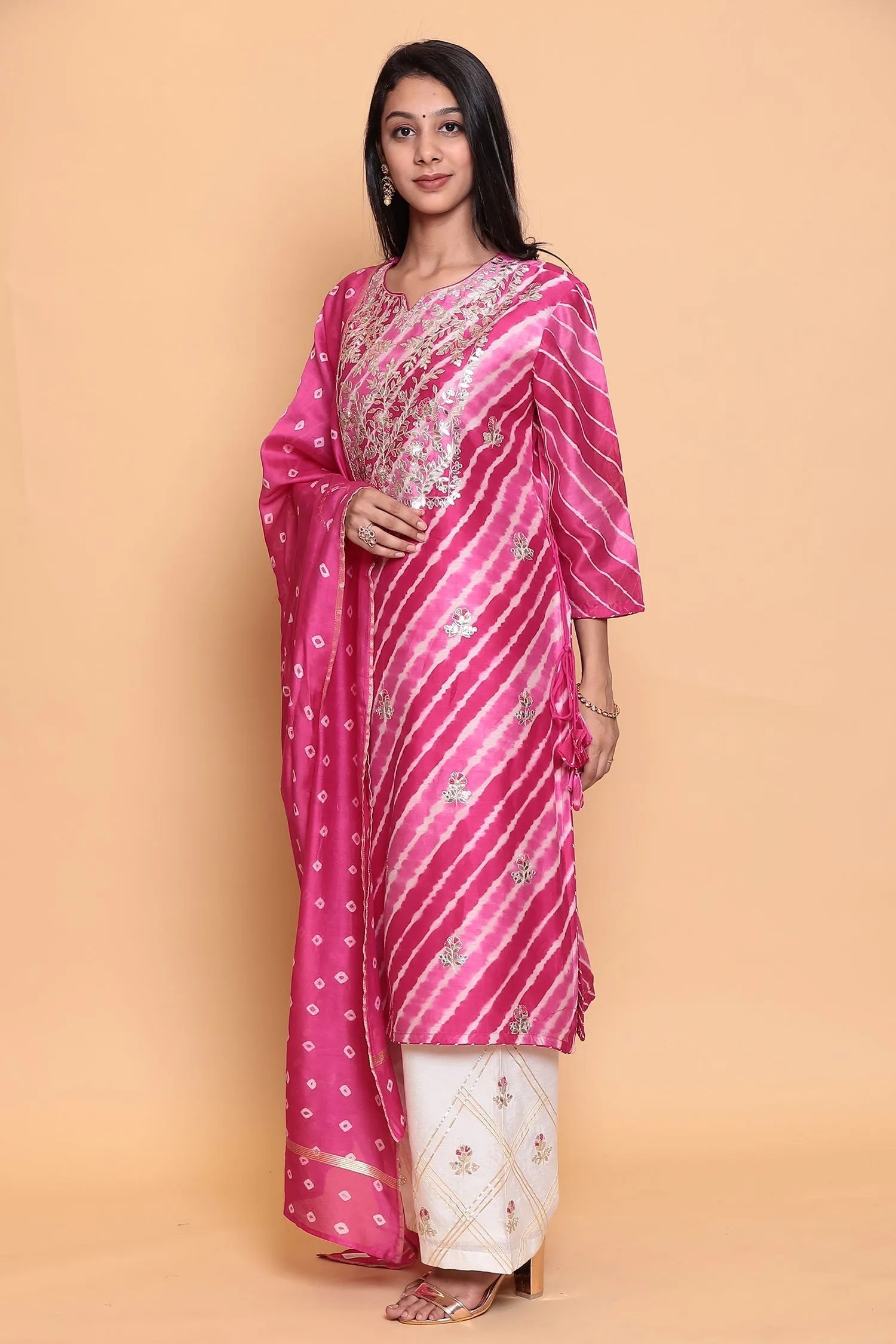 Cotton Leheriya chanderi Suit with Gota Patti work.