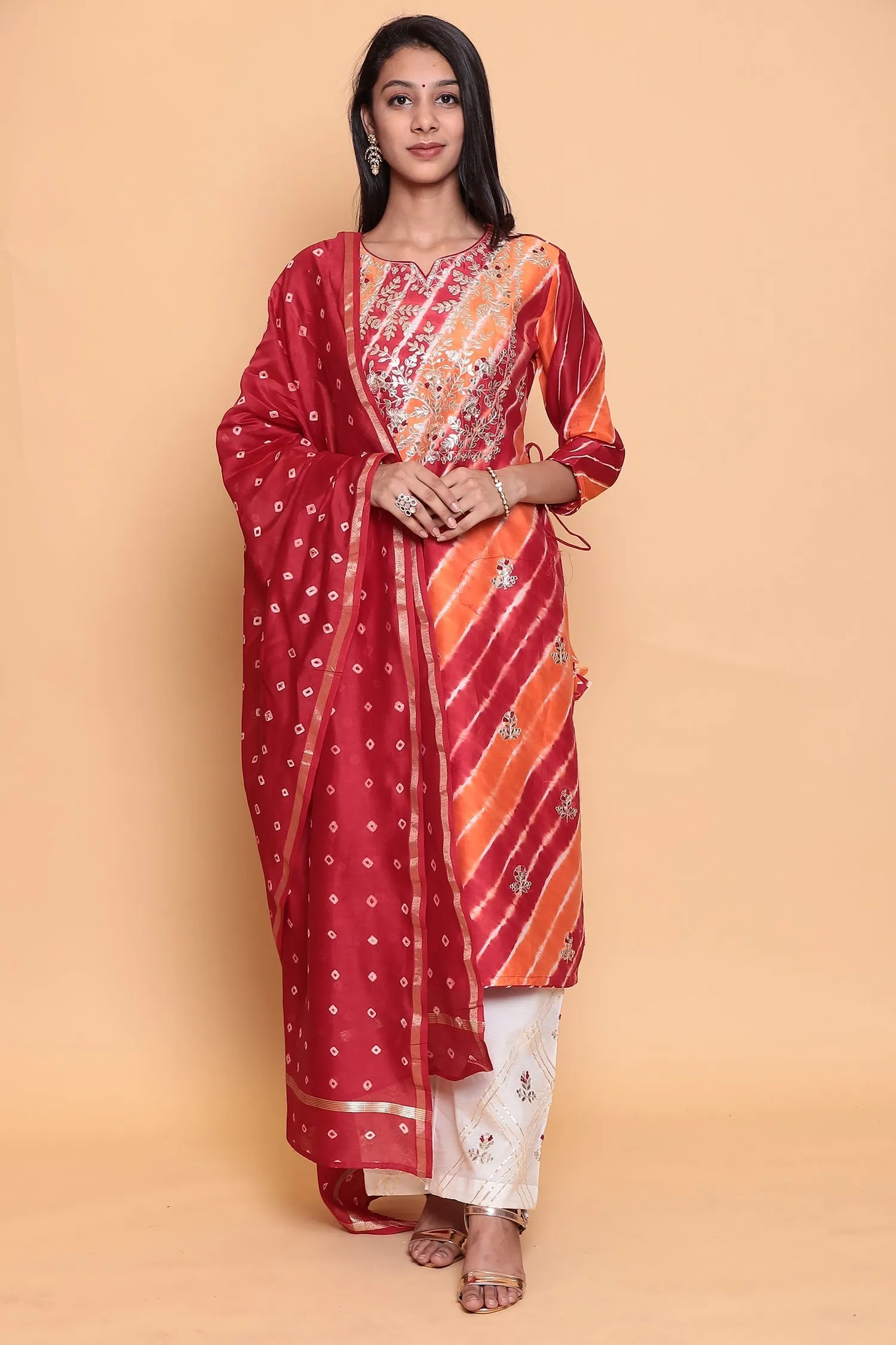 Cotton Leheriya chanderi Suit with Gota Patti work.