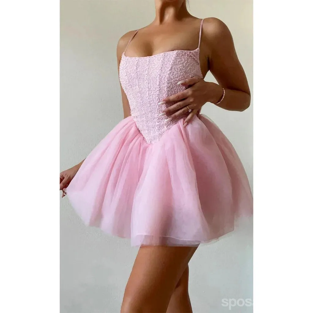 Cute A-line Pink Spaghetti Straps Short Prom Homecoming Dresses Online,CM965