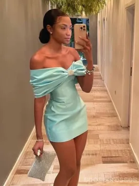 Cute Mint Green Sheath Off Shoulder Mini Short Prom Homecoming Dresses Online,CM974