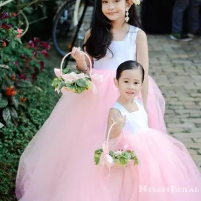 Cute Square Neckline Pink Tulle Long Cheap Flower Girl Dresses, FGS0001