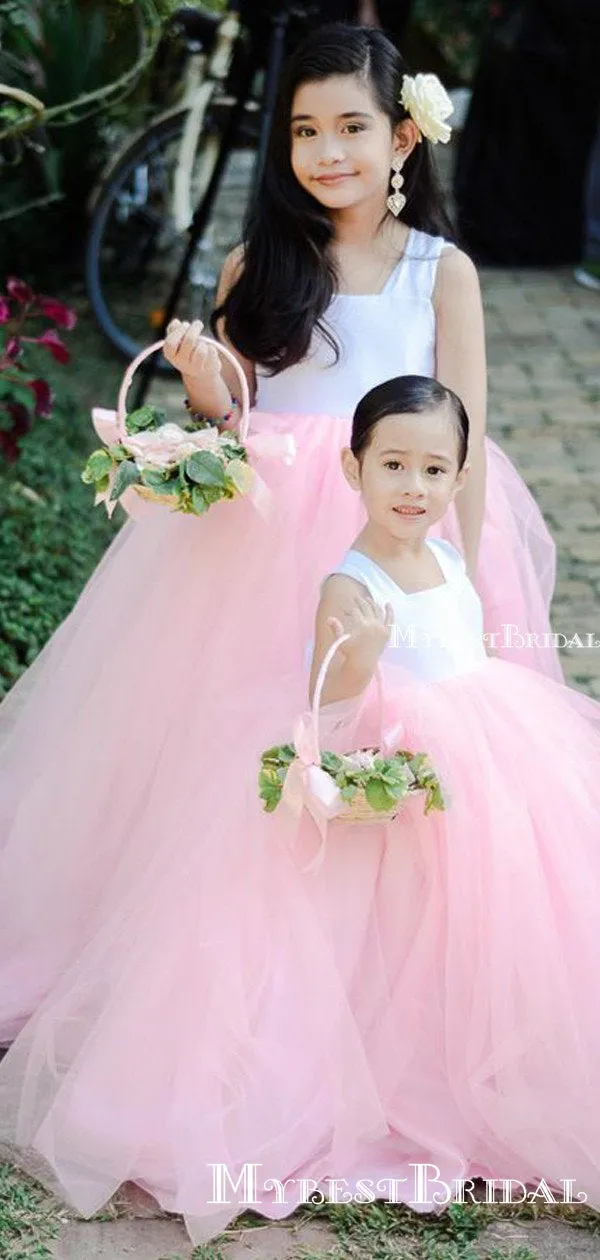 Cute Square Neckline Pink Tulle Long Cheap Flower Girl Dresses, FGS0001