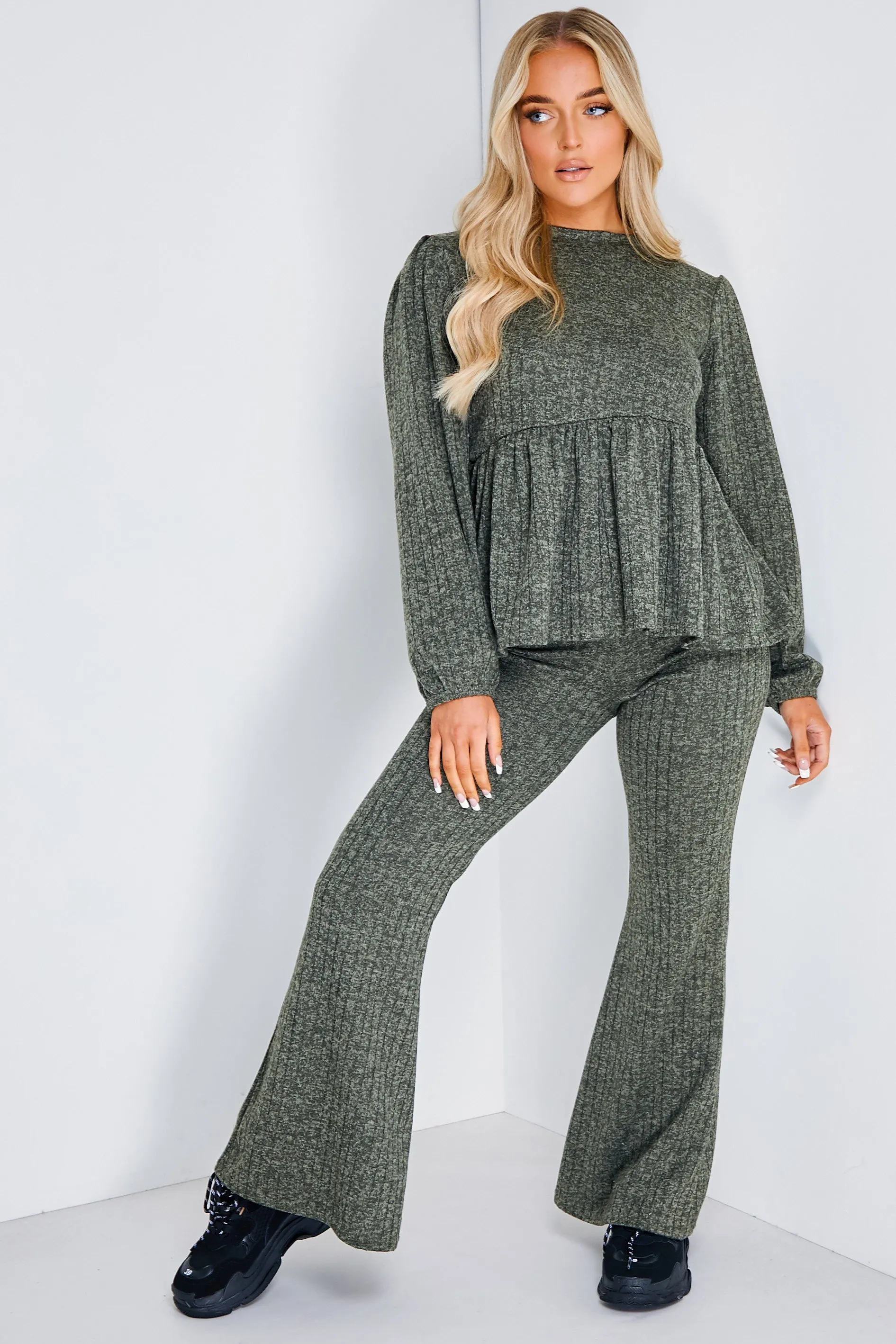 Dallas Khaki Peplum Top and Wide Leg Trouser Co-ord Set