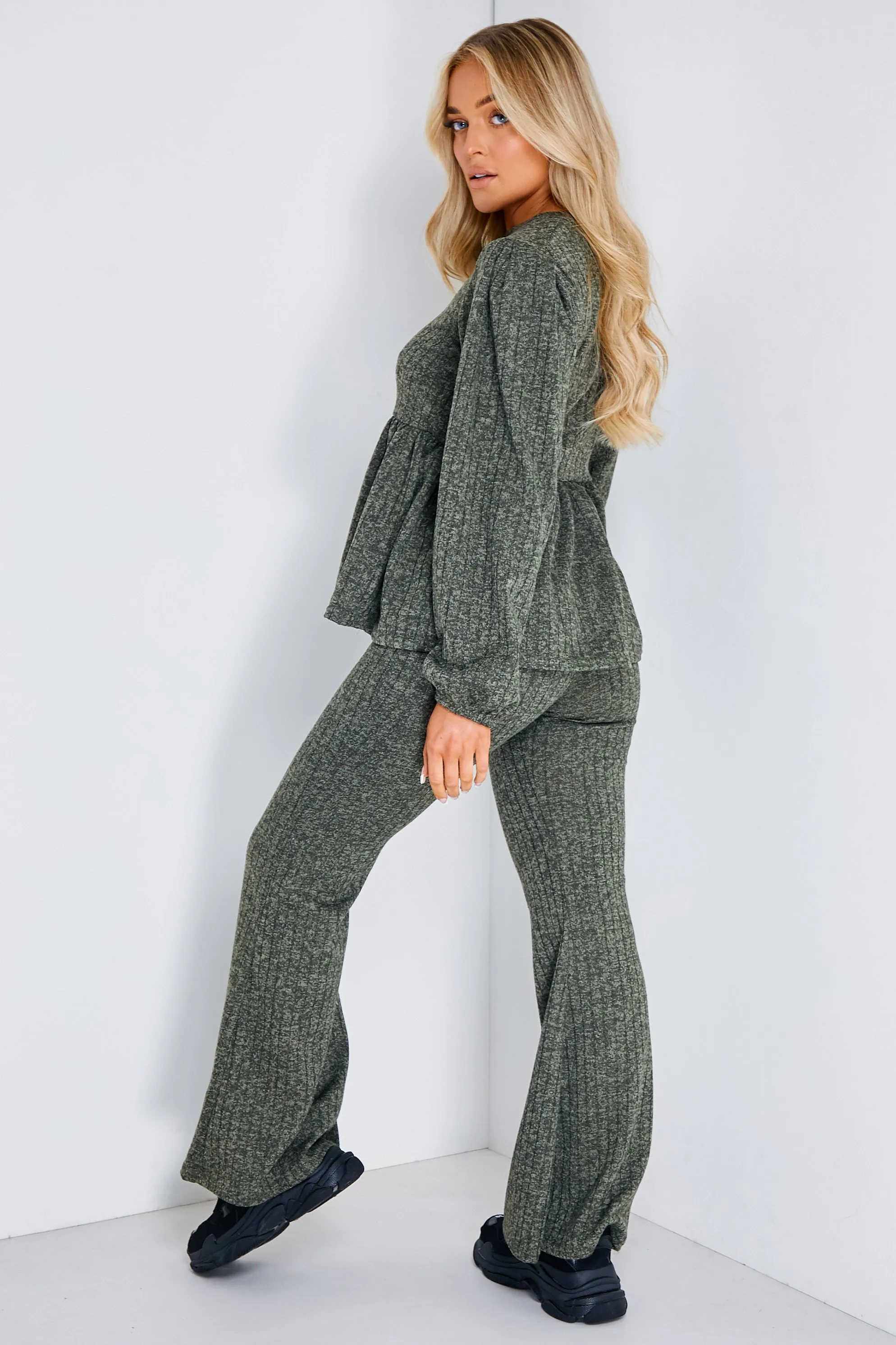 Dallas Khaki Peplum Top and Wide Leg Trouser Co-ord Set