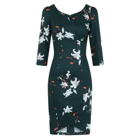 Dark Green Floral Print 3/4 Sleeve Empire Waist Pencil Wiggle Dress