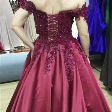 Dark Red Off Shoulder Lace A line Long Evening Prom Dresses, 17468