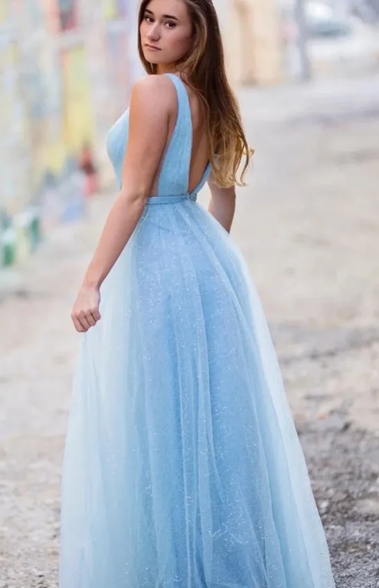 Deep V-neck Light Blue Sequin Tulle Prom Dresses, Shiny Prom Dresses, Long Prom Dresses