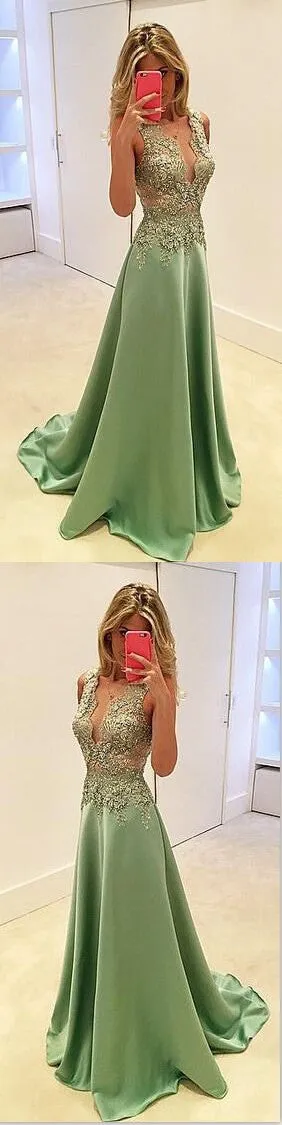 Deep V-Neck Stunning A-line Sexy Fashion Green Evening Long Prom Dress, PD0160