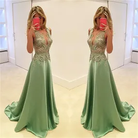 Deep V-Neck Stunning A-line Sexy Fashion Green Evening Long Prom Dress, PD0160