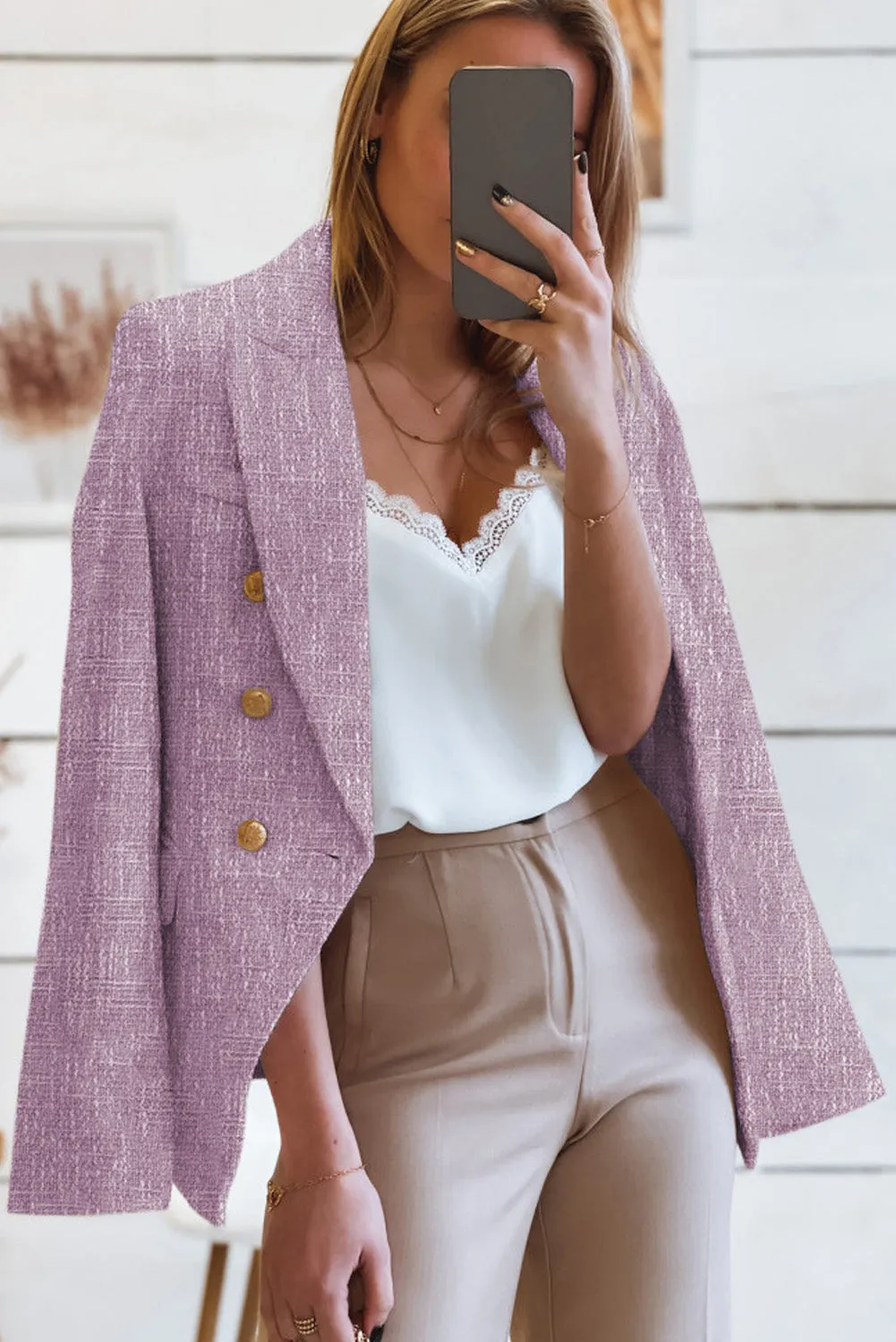 Double Breasted Lapel Blazers Women's Casual Office Long Sleeve Jacket