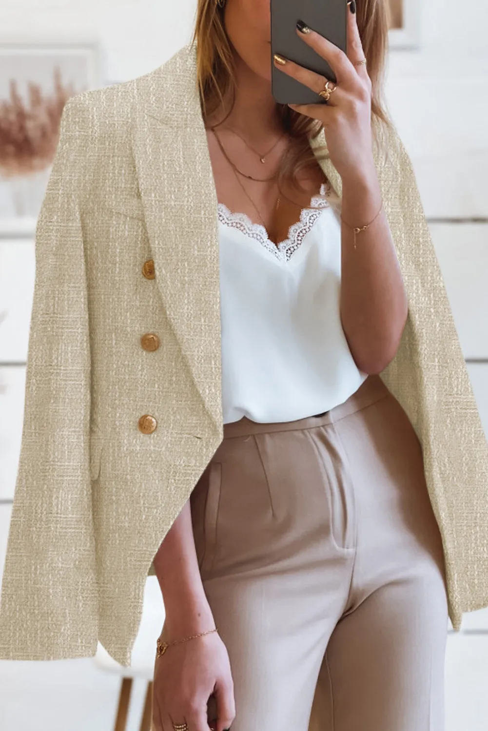 Double Breasted Lapel Blazers Women's Casual Office Long Sleeve Jacket