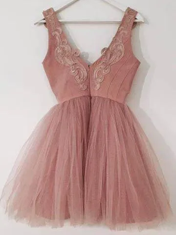 Dusty Pink V Neck Lace Cheap Short Homecoming Dresses Online, BDY0267