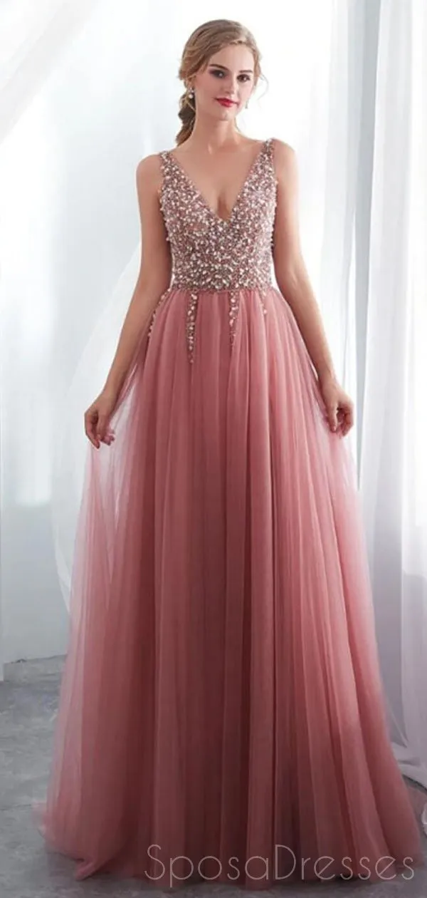 Dusty Pink V Neck Side Slit Beaded Long Evening Prom Dresses, Cheap Custom Sweet 16 Dresses, 18519